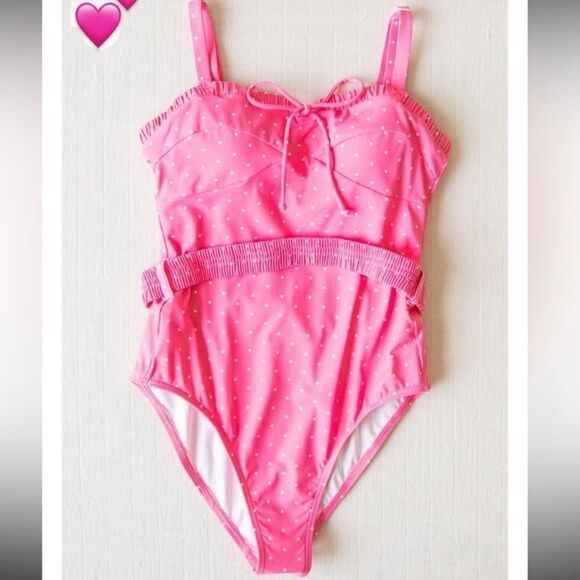 Sweet Honey Clothing Belted One Piece Pink Berry Spritz Pink Polkadot Swimsuit - Picture 1 of 8